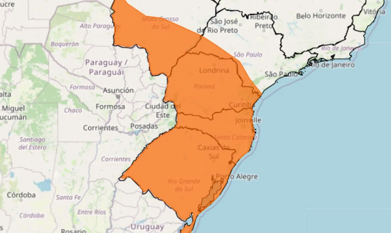 O mapa mostra &agrave;s &aacute;reas em alerta para tempestade